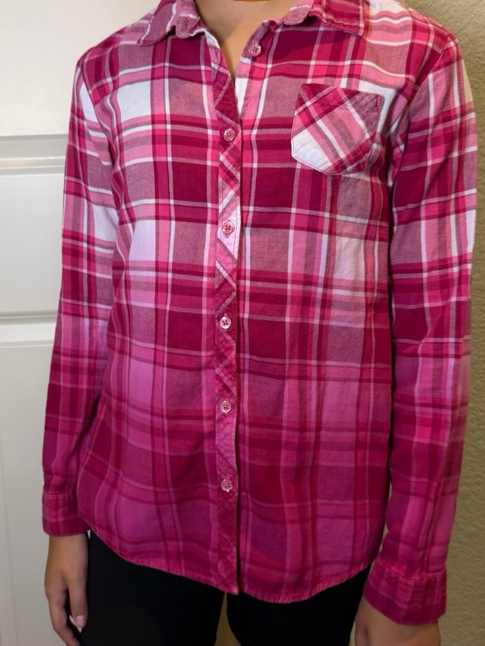 Faded Glory Girls' Bright Pink Plaid Button-Down Shirt - Size L (10/12)
